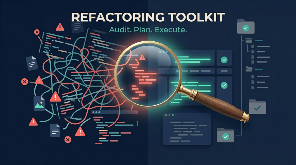 Ilustración de blog que muestra código desordenado transformándose en bloques organizados a través de una lupa de auditoría, con el texto Refactoring Toolkit - Audit Plan Execute
