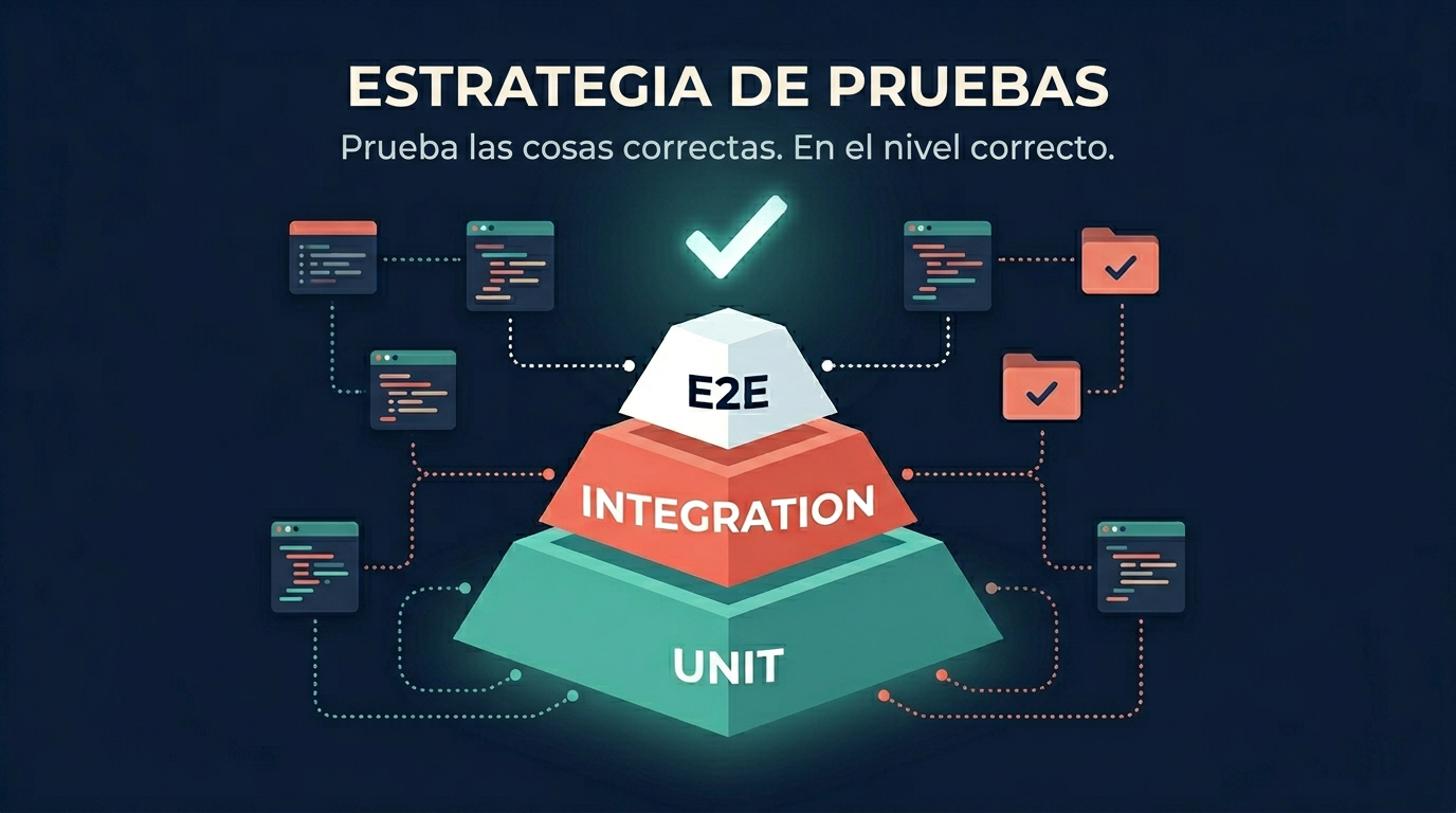 Ilustración de pirámide de testing con tres niveles — Unit, Integration y E2E — representando la estrategia de pruebas para proyectos web, con el texto Testing Strategy - Test the right things at the right level
